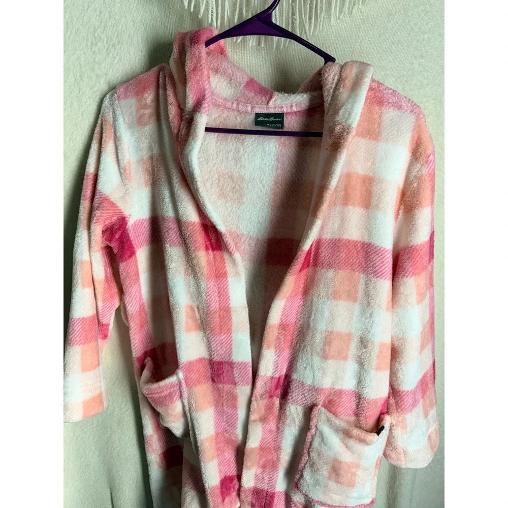 Eddie Bauer Kids Pink Plaid Plush Hooded Robe Size M 10/12 Fleece Bathrobe